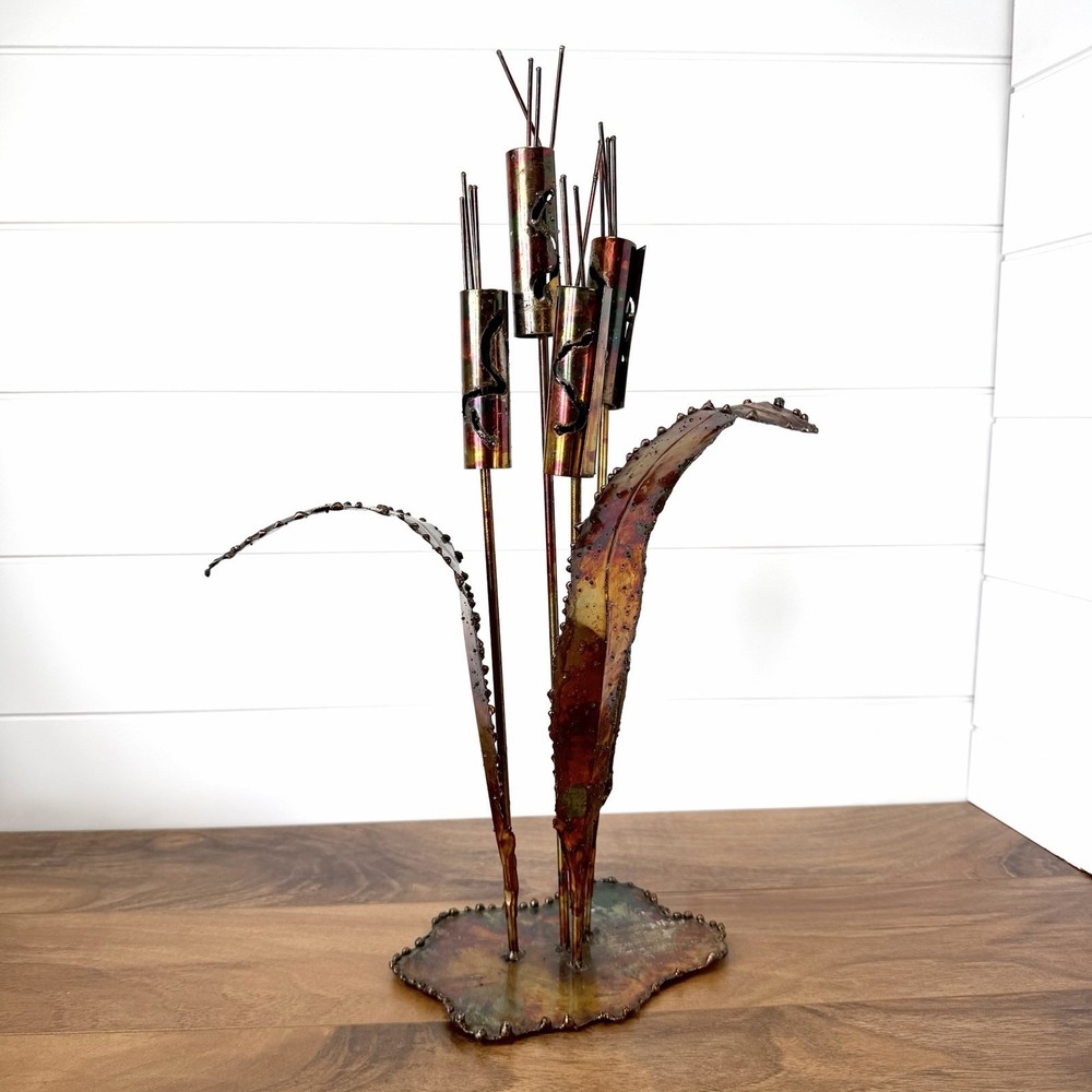Copper Cattails Mcm Brutalist Textured Metal Sculpture Rainbow Patina Rustic VTG